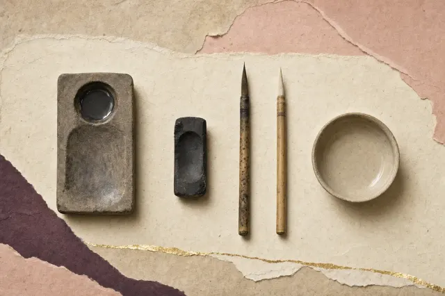 A small stone ink-grinding slab with a dark cake of pigment, two fine brushes and a shallow water dish, laid out in a row on parchment.