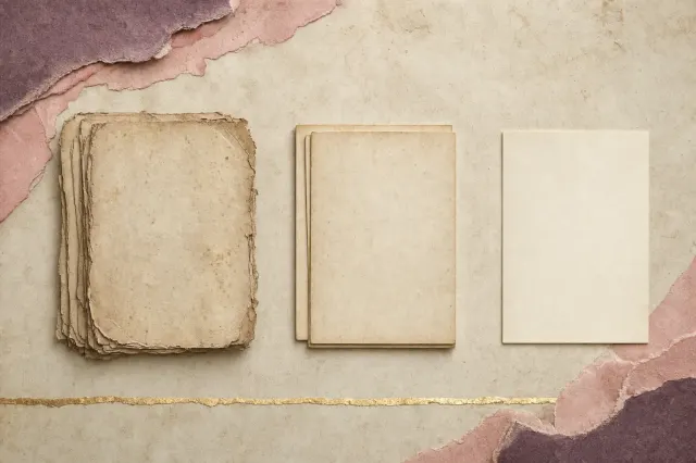Three stacked bundles of manuscript leaves of very different age and condition, laid in a row from a thick worn stack through a thinner one to a single clean leaf.