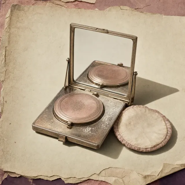 A 1920s vanity case in worn silvered metal lying open: its single round engraved powder cover still latched shut, a square mirror raised on a hinged stand behind it reflecting the cover, a pink-edged powder puff beside the case and a dusting of loose powder by the catch.