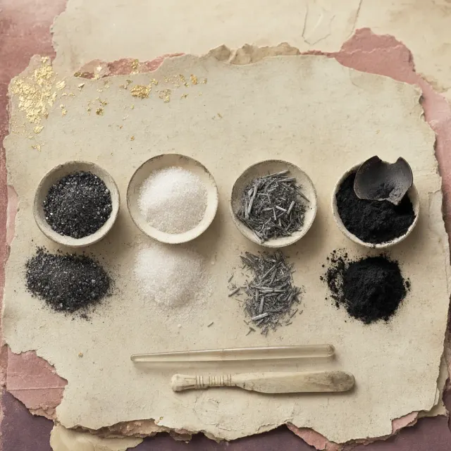 Four eye paints set out as specimens: coarse grey-black lead ore, chalk-white crystals of a manufactured lead compound, silvery needles of antimony, and loose black lamp soot beside the plate it was gathered from.