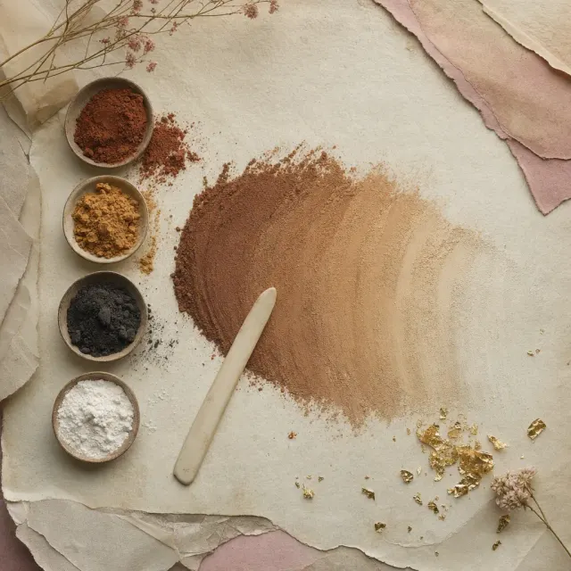 Four shallow dishes of loose pigment on parchment — red, yellow and black iron oxide and a bright white — beside a single blended sweep drawn across the paper with a bone spatula, graduating from deep brown at one end to pale ivory at the other.