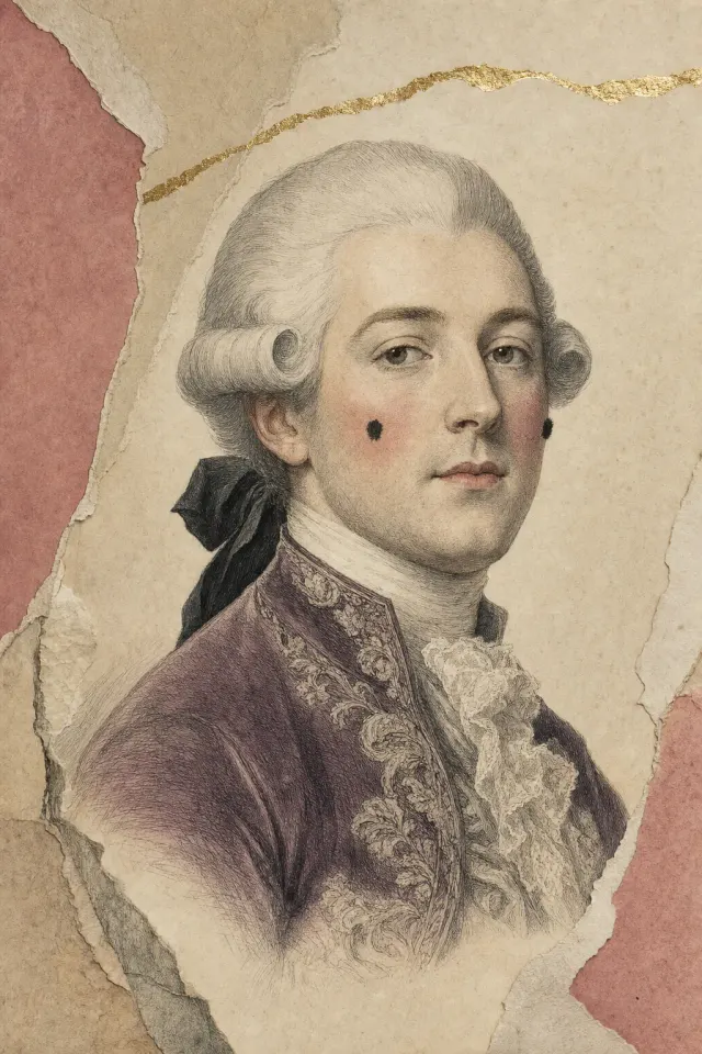 An eighteenth-century courtier, his hair powdered white and rolled into a curl above each ear, his complexion whitened, a round patch of rouge high on each cheek, two small black silk patches, and lace at his throat.