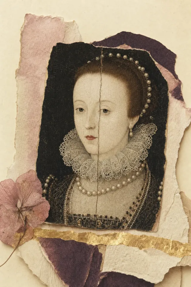 A late sixteenth-century panel portrait of a woman with an unbroken white complexion, high clear forehead and small reddened mouth, its surface showing fine craquelure and a repaired split in the panel.