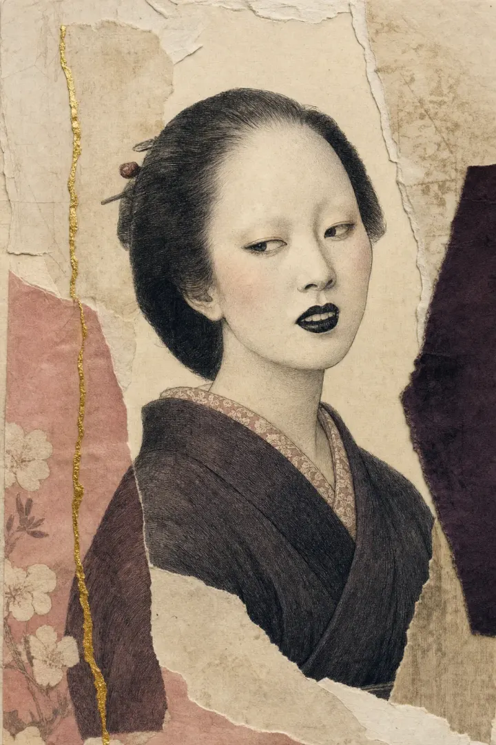 A woman of Edo-period Japan in three-quarter view: pale powdered skin, a smooth forehead with the eyebrows shaved entirely away, and lips parted just enough to show teeth lacquered a dense black.