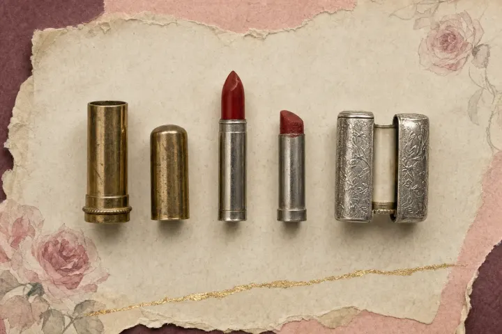 A refillable lipstick taken apart in a row: an empty brass case and its cap, a fresh red refill in a slim silver cartridge, a used refill worn to a slanted stub, and a small engraved silver case lying open.