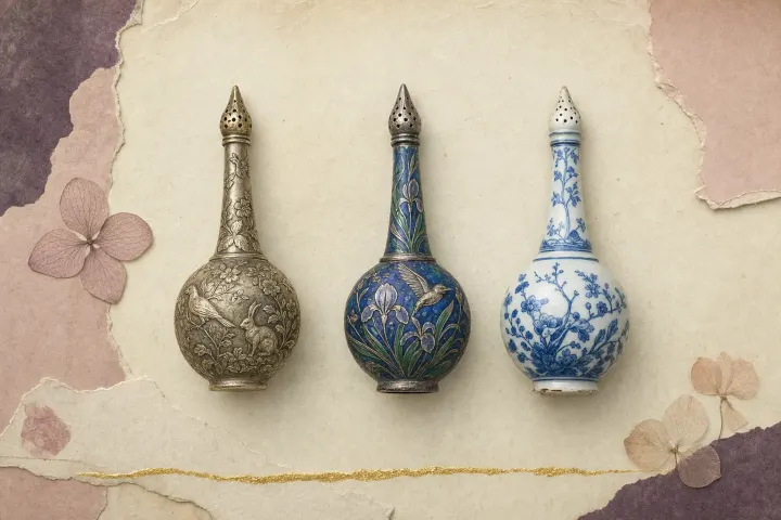 Three rosewater sprinklers in a row, each with a round body, a long tapering neck and a pierced tip: one of pale gilt silver worked in relief with flowers, a bird and a hare, one enamelled in deep blue and green with irises and a bird, and one of blue-and-white porcelain painted with flowering branches.