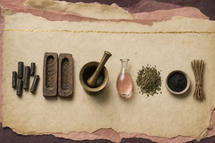 A tenth-century physician's cosmetic preparations in a row: short sticks of solid perfume beside the open wooden mould they were pressed in, a brass mortar and pestle, a flask of rose-water, dried henna leaves, black kohl powder and tooth-cleaning twigs.
