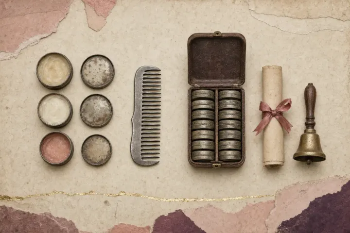 A hair-care agent's kit in a row: six flat tins of scalp ointment, some open, a wide-toothed steel comb, an open leather case packed with tins, a rolled certificate tied with ribbon and a brass school bell.