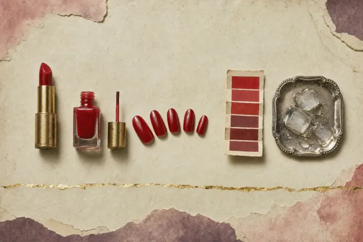 A matched set in scarlet: an open gold lipstick, a bottle of nail enamel in the same red, five painted fingernails in a fan, a card of red swatches and cubes of ice melting on a silver tray.
