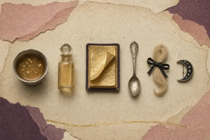 A remedy of drinkable gold in a row: a silver cup of amber broth flecked with gold, a stoppered phial of golden liquid, a book of gold leaf with one sheet lifted, a silver spoon, a lock of fair hair tied with black ribbon and a crescent-moon brooch.