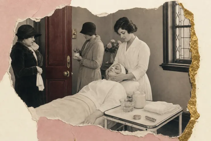 A sepia photograph of a 1920s salon treatment room: a client lies under a sheet with a white band over her hair while an attendant in a white overall massages her face, a trolley beside them holds a jar of cream, a glass bowl, a towel and a lipstick case, and two women in cloche hats wait by a red panelled door. Gold leaf runs down the photograph's torn right edge.