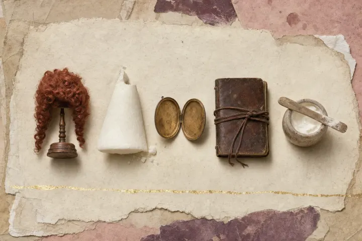 Objects from the evidence for Elizabeth I's face: a red wig on a wooden stand, a broken cone of sugar, an empty gold locket lying open, a closed leather notebook tied with a thong and a small pot of white paste with a wooden spatula.