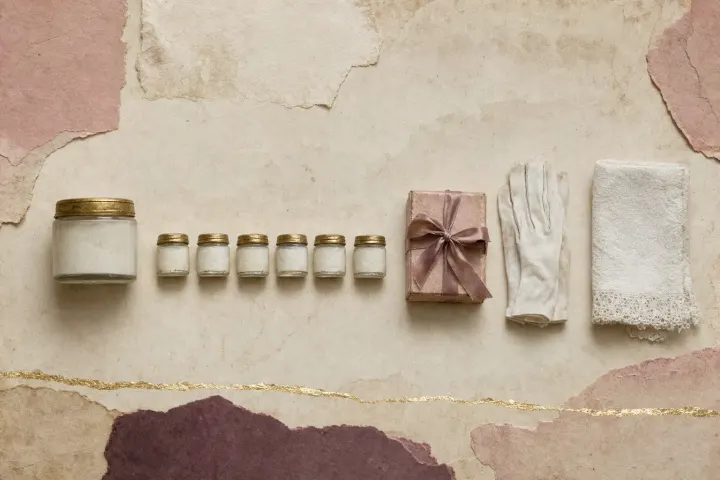 The free sample in objects: a full jar of white face cream beside a row of six tiny sample jars of the same cream, a small gift box tied with ribbon, a white cotton glove and a folded lace-edged towel.