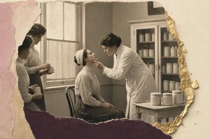 A woman in a starched white laboratory coat leans in to examine the cheek of a seated client, in an Edwardian room with a glazed cabinet of identical cream jars and a tall window under a drawn net blind.