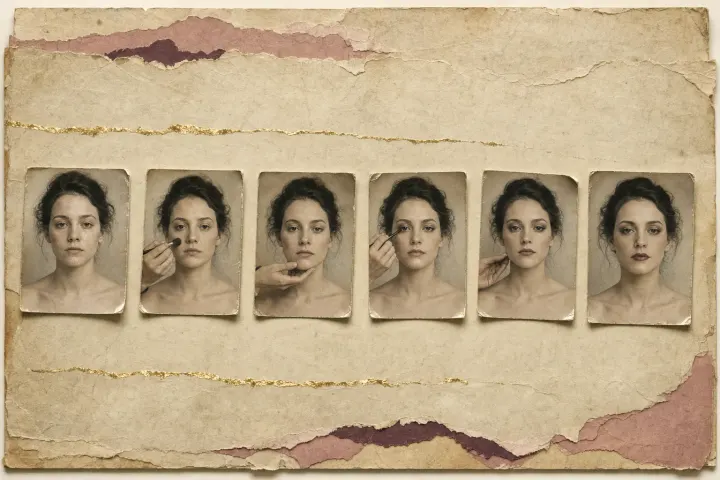 Six photographic prints of the same person laid out in a row, running from a bare face to a finished one, with the make-up artist's hand still visible inside four of the pictures holding a brush against a cheek or steadying a chin.