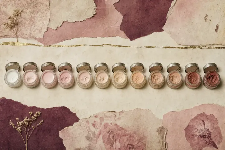 Twelve small glass jars of cream greasepaint in a graded row with their lids open, running from near-white through pinks and warm beiges to a deep reddish brown, between torn papers and a line of gold leaf.