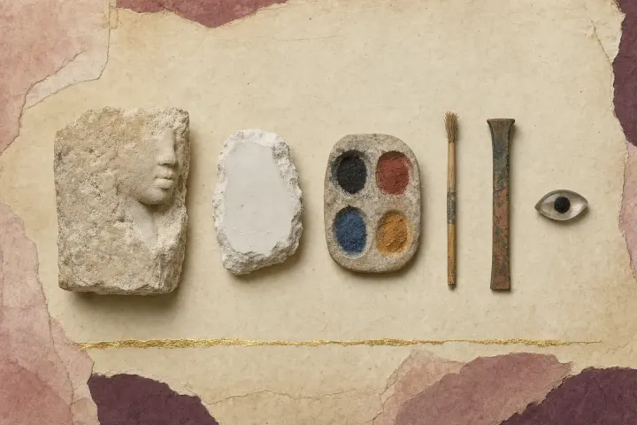 The materials of an Egyptian sculptor's workshop in a row: a limestone block with a face half emerging from it, a lump of white plaster, a stone palette of black, red, blue and ochre pigment, a reed brush, a copper chisel and a single inlaid eye.