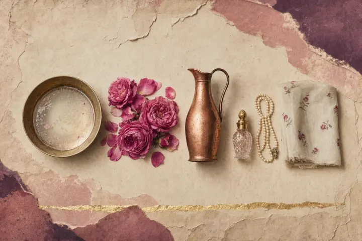 The making of rose oil: a brass dish of rose-water with an oily film on its surface, a heap of pink damask roses, a copper jug, a tiny cut-glass attar bottle, a coiled string of pearls and folded flowered muslin.