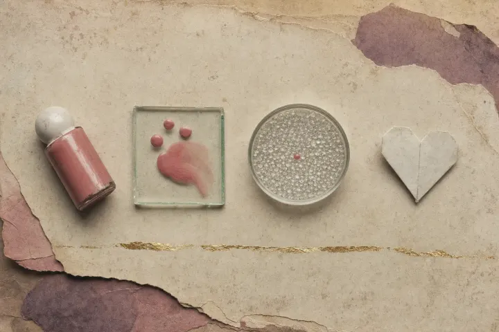A small bottle of liquid blush on its side, drops of pink blush on a glass tile with one blended into a soft cloud, a dish of clear glass beads with a single pink one among them, and a folded paper heart.