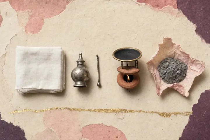 Kohl beside a baby's things: a folded square of white cotton swaddling, a small silver kohl flask with its applicator rod, a clay oil lamp with a brass dish above its flame blackened with soot, and a twist of pink paper holding a heap of grey, metallic-glinting powder.