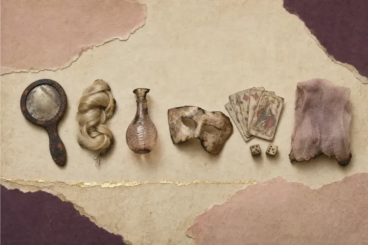 Vanities of the kind burned in fifteenth-century Florence: a carved wooden hand mirror, a coil of false hair of pale yellow silk, a small glass scent flask, a papier-mache half-mask, a fan of old playing cards with two dice, and a gauze veil with a scorched hem.