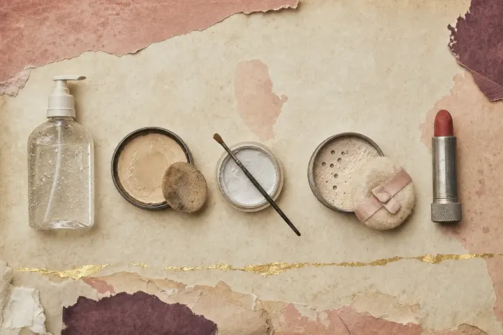 Five unlabelled cosmetic vessels in a row: a new glass phial of clear gel, a worn cake of cream base with a damp sponge, a pot of pale paste with a brush, a tin of loose powder and puff, and a wound-up red lipstick.