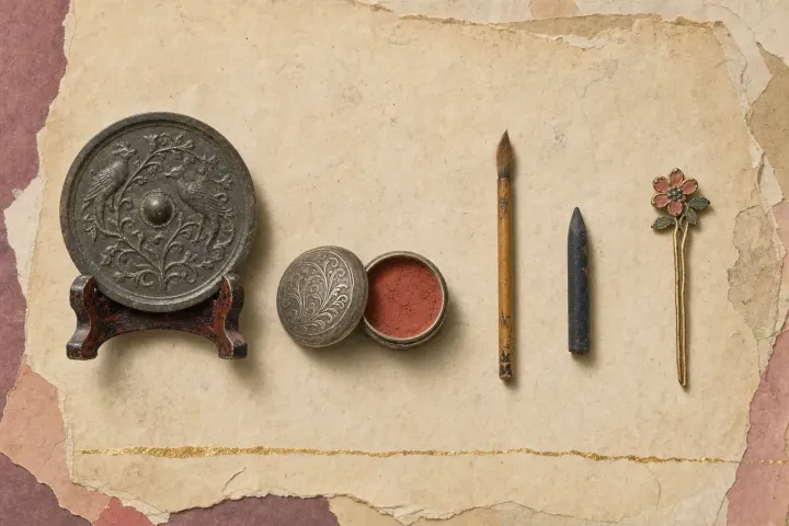 A Tang-dynasty morning toilette: a round bronze mirror decorated with birds and vines, propped on a red lacquer stand, a small silver box chased with scrolling leaves and open to show red rouge, a fine brush, a pointed stick of dark brow colour and a gilt hairpin topped with an enamelled flower.