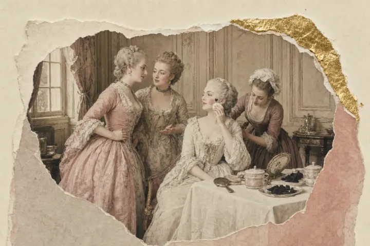 An eighteenth-century dressing room: a woman at a linen-draped table, her skin an opaque white-lead white with a circular patch of rouge on one cheek and a brush raised to it, two visitors talking at her shoulder.
