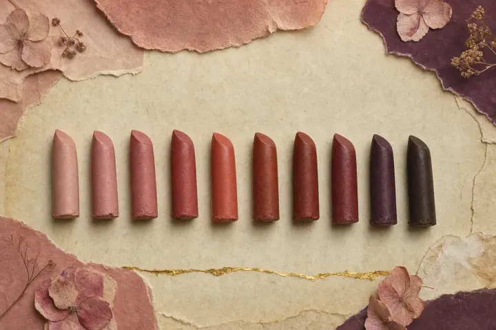Ten lipstick bullets laid in a single graded row, running from pale beige-pink through rose and brick to deep terracotta, plum and brown.