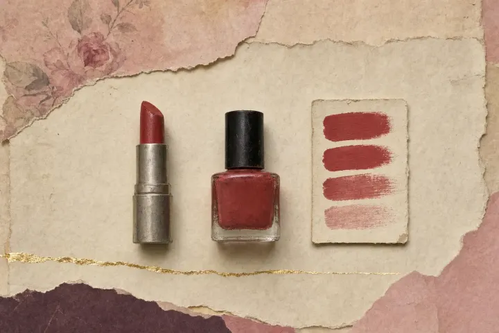 A lipstick bullet, a small bottle of nail lacquer and a card of four brushed colour swatches, all in the same warm brick red, laid in a row on parchment.