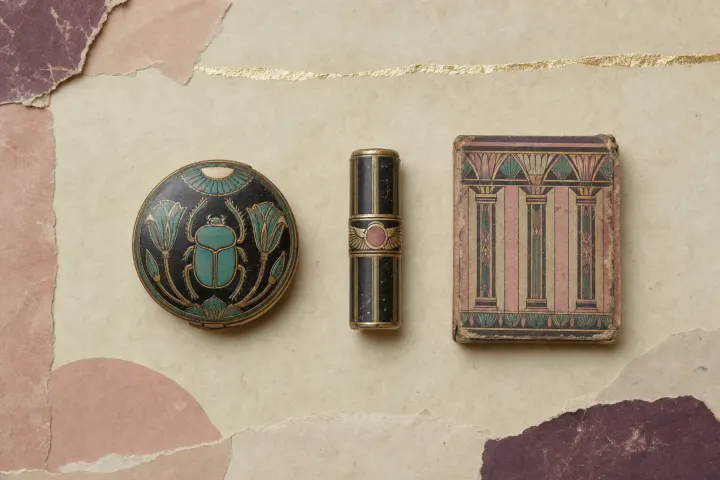 Mid-1920s cosmetic packaging in the Egyptian revival style: an enamelled compact with a scarab and lotus lid, a lipstick case banded with a winged disc, and a powder box printed with stylised papyrus columns.