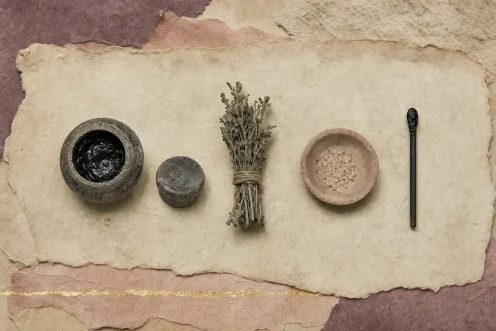 A small dark stone jar of black eye salve with its stopper beside it, a bundle of dried stems, a shallow offering dish and a slim applicator rod laid out in a row.