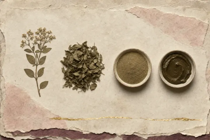 A pressed sprig of henna with leaves and small flowers, a heap of dried whole leaves, a dish of fine green powder and a dish of the same powder mixed into a dark paste, laid out in a row.