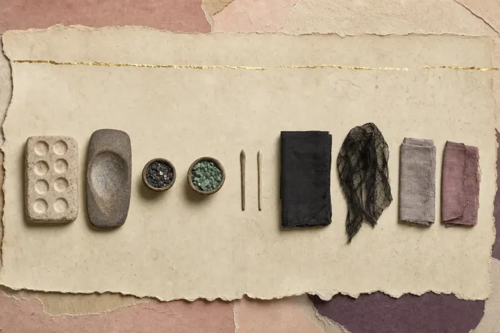 An undertaker's restorative-art case of about 1930, open at an angle: eight stoppered glass jars of tinted flesh-toned cream bedded in faded plum velvet, with three fine brushes and a bone spatula, one jar used down.