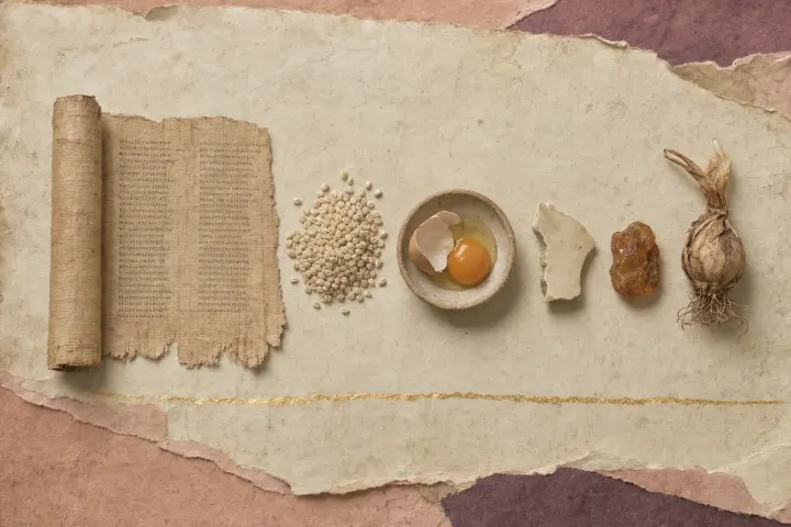 A papyrus roll partly unrolled showing two columns of Latin verse, beside a small heap of barley, a cracked egg in a dish, a piece of hartshorn and a lump of gum.