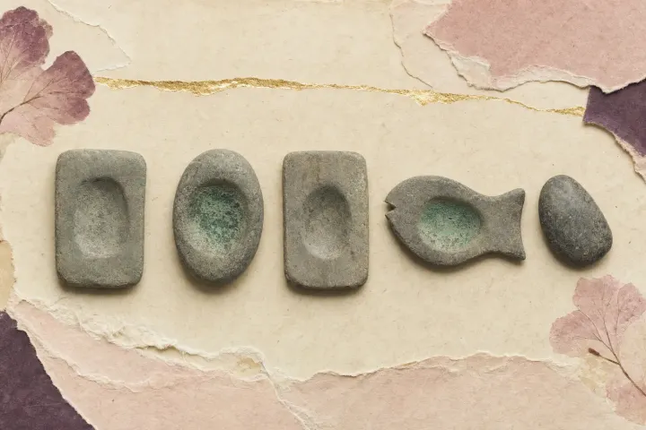 Four Predynastic Egyptian grinding palettes of grey-green siltstone, three plain and one carved as a fish, each worn into a shallow hollow at the centre, with a grinding pebble and green malachite residue.