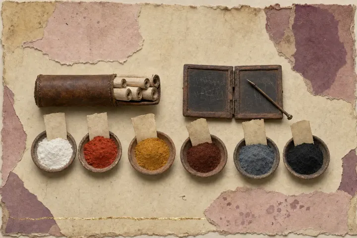 A row of small labelled pigment samples — white, vermilion, yellow ochre, dark red and grey — beside a stack of papyrus rolls in a capsa, with a wax tablet of notes.