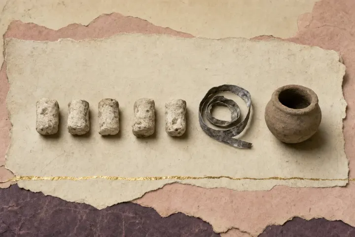 Five small irregular white pellets of compacted lead white laid in a row beside a coiled strip of corroded lead and a small plain Greek pot.