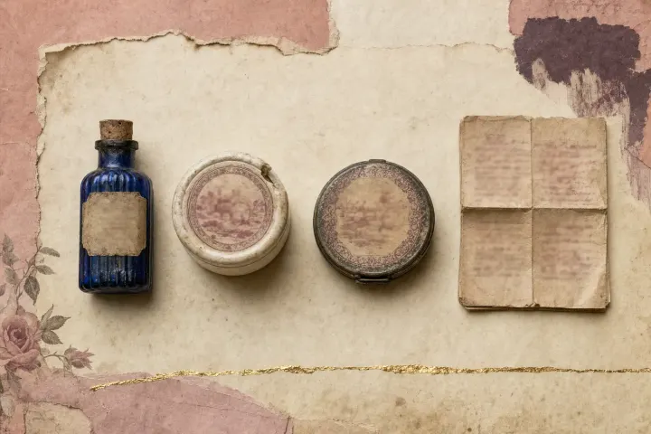 Three nineteenth-century complexion preparations in apothecary packaging — a ribbed blue glass bottle, a stoneware ointment pot and a flat tin — with a folded printed leaflet beside them.