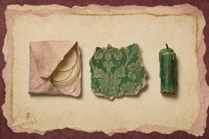 A flat paper packet of pale complexion wafers opened to show thin discs like communion bread, set beside a scrap of vivid green wallpaper and a stub of green candle.