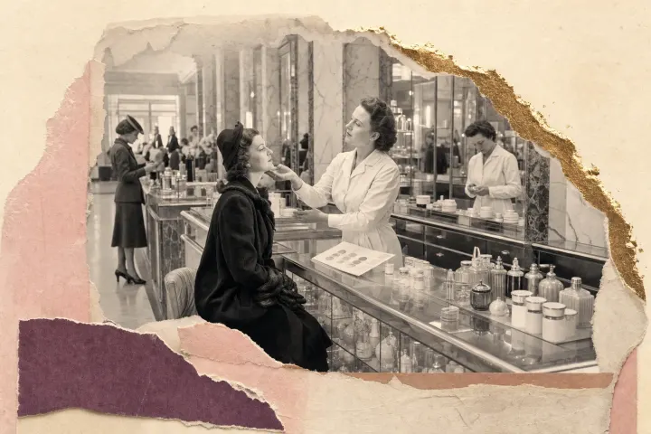 At a department-store cosmetics counter of the late 1930s, a woman in a white coat behind a glass-topped case tilts a seated customer's chin to the light, ranked pots and jars and a soft down puff laid out in front.