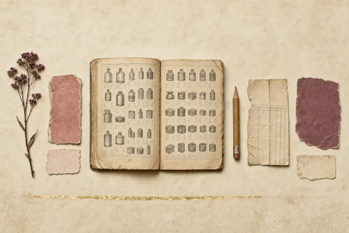 A thick mail-order catalogue lying open on a kitchen table at a page of toilet preparations, its columns ruled into small engravings and price lines, with a pencil and a folded order form across the gutter.