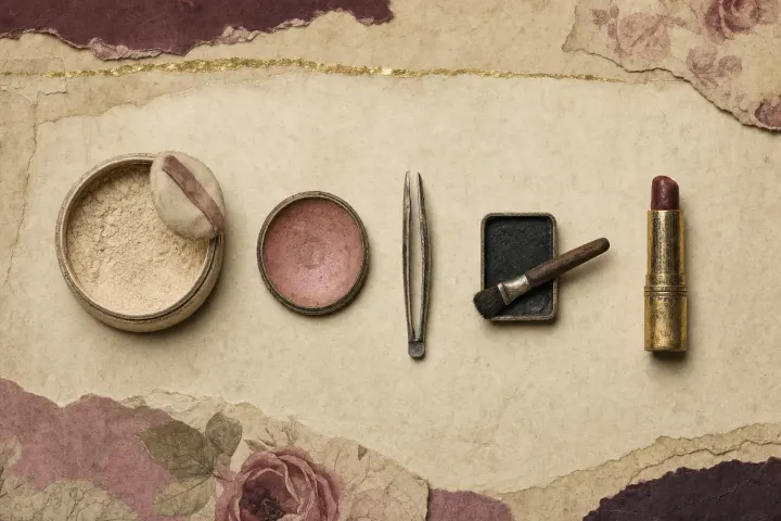 The components of a late-1920s face laid out in order of use: a box of loose powder with its puff, a pressed rouge, a pair of tweezers, a cake of eye black with its brush, and a lipstick, arranged in a single line.
