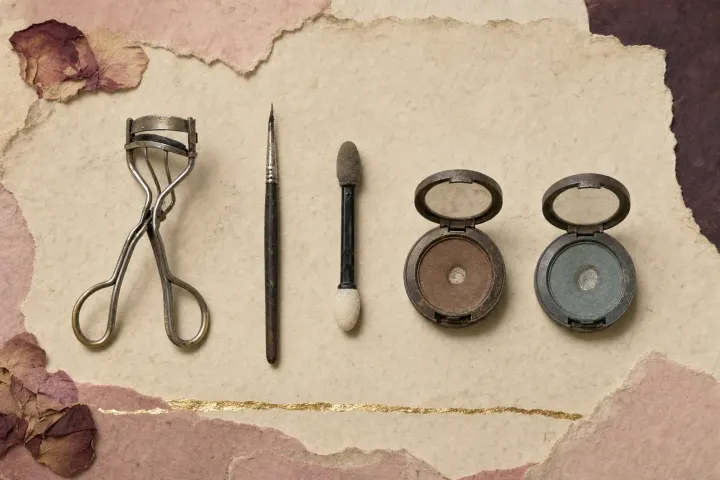 A metal eyelash curler, a fine pointed liner brush, a sponge-tipped applicator and two small shallow compacts of pressed eyeshadow laid out in a row.