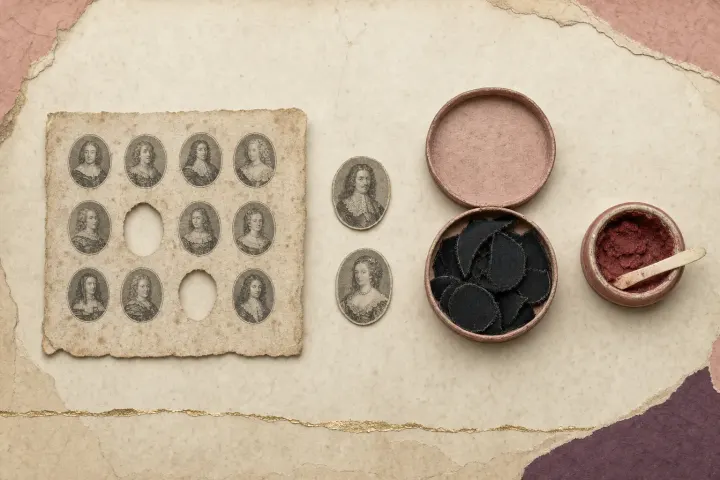 A sheet of engraved court portraits printed in rows, several cut out and pinned beside a small box of black taffeta patches and a shallow pot of red.