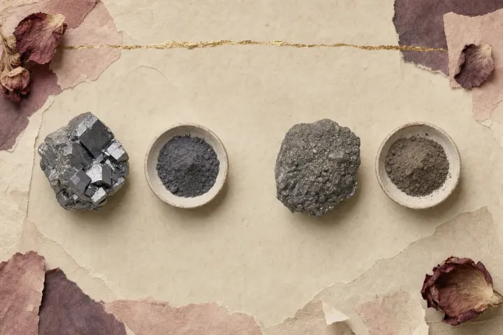 Two lumps of grey galena ore of visibly different character laid beside two small dishes of the dark powder ground from them, the two pairs separated by a gap on bare parchment.
