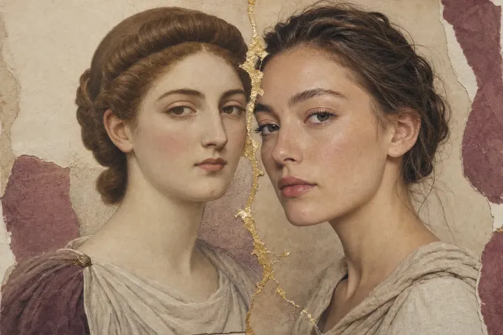 On the left a Roman woman, complexion evened to an unbroken pale with red on the cheek alone, hair rolled above the brow; on the right a woman today, skin texture visible, faintly flushed, brows brushed up and unfilled.