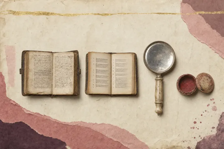 A preacher’s pocket sermon book open beside a confessor’s manual, one page heavily underscored and annotated, with a small mirror and a pot of paint set deliberately alongside them.