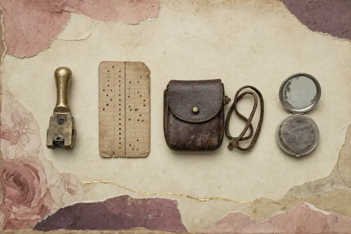 A conductor's ticket punch, a clocking-in card, a worn leather coin satchel and a small nickel powder compact laid together on a scrubbed deal surface, the compact open to a used puff and a clouded mirror.