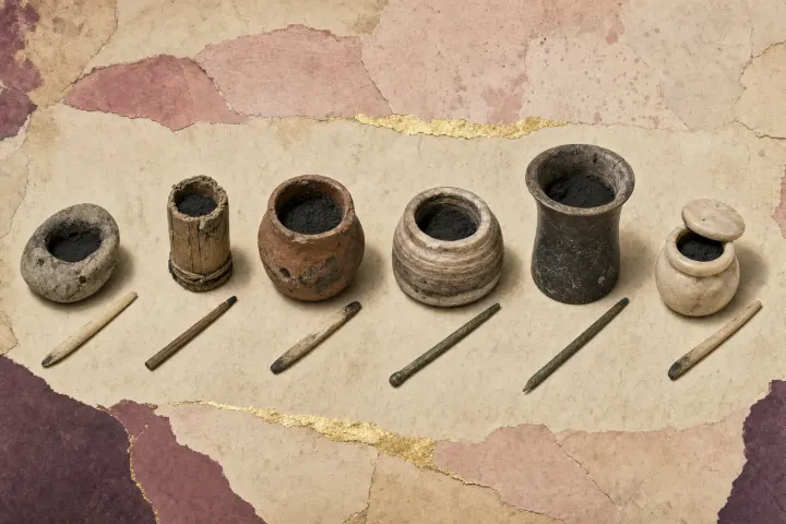 Six Egyptian kohl containers of very different quality laid in a row, from a plain hollowed pebble and a rough reed tube to a turned stone jar and a fine polished vessel, each with a thin applicator stick.